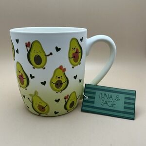 Luna & Sage Ceramic Coffee Mug Dancing Cartoon Avocados & Hearts NWT